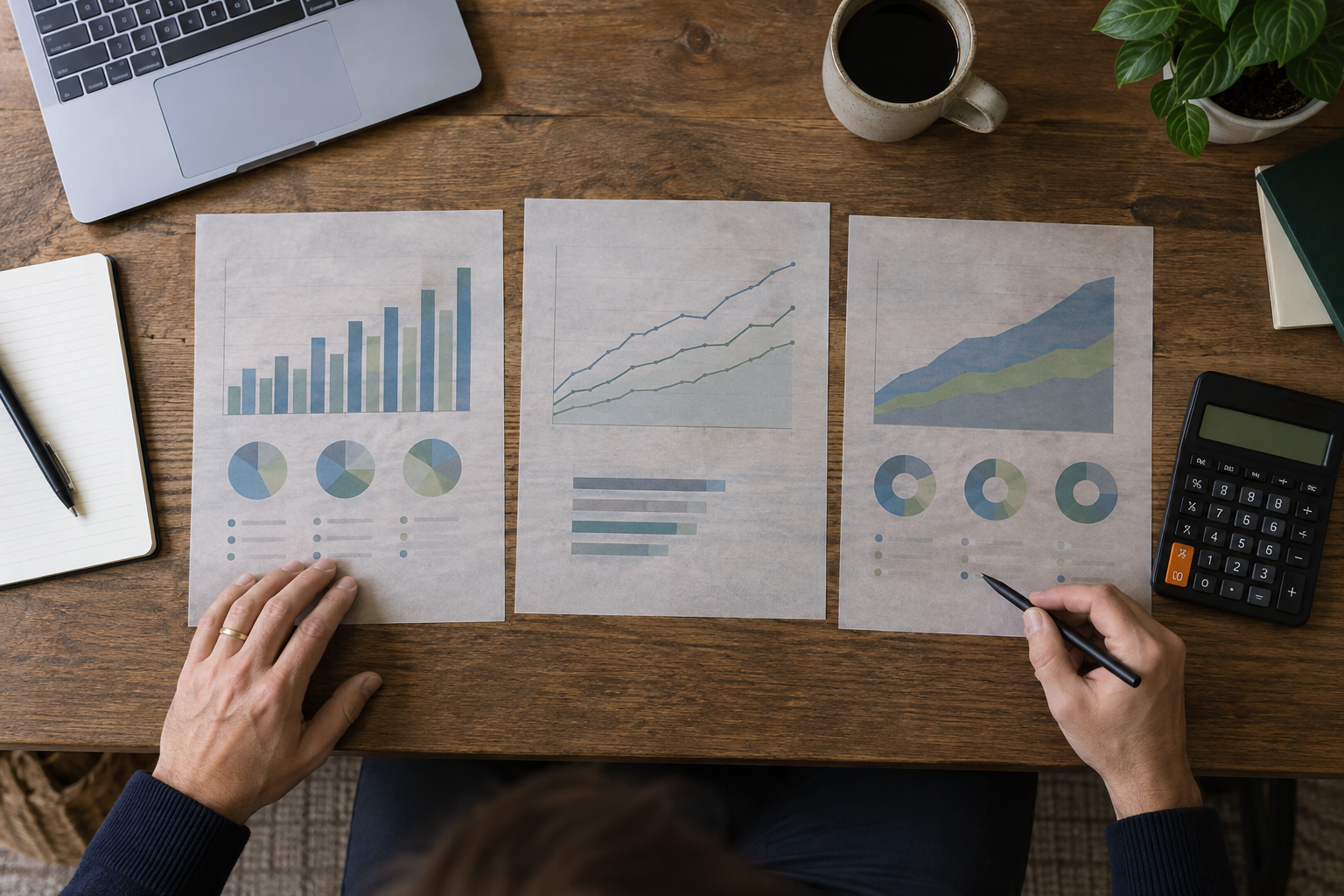 Drie overzichten met verschillende financiële scenario’s